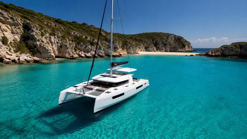A modern white sailing catamaran anchored in a secluded turquoise bay with clear water and a scenic shoreline.