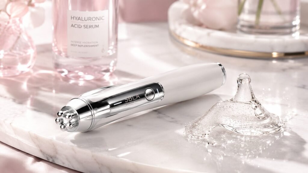 Premium SBLA Liquid Facelift Wand on a clean marble vanity background for anti aging skincare review