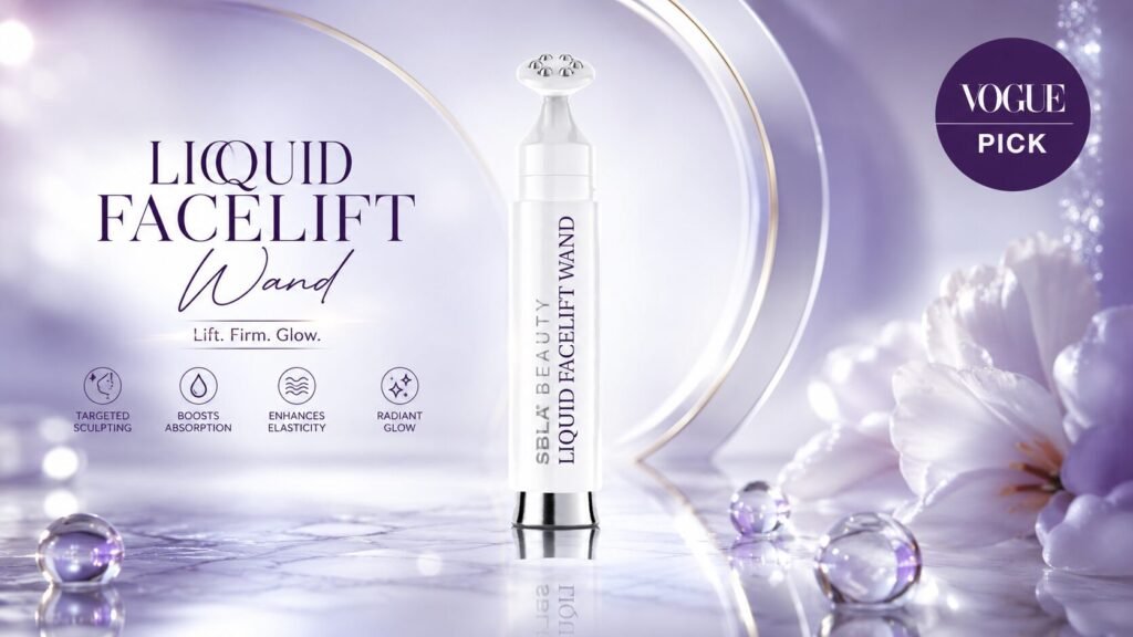 SBLA Liquid Facelift Wand packaging displayed with sleek luxury design, showcasing the anti-aging skincare applicator for lifting, firming, and smoothing the appearance of skin.