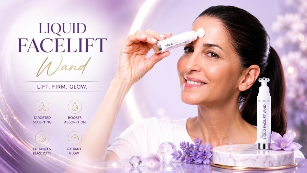 Person applying SBLA Liquid Facelift Wand with the precision rollerball tip along facial contours for targeted anti-aging skincare treatment.