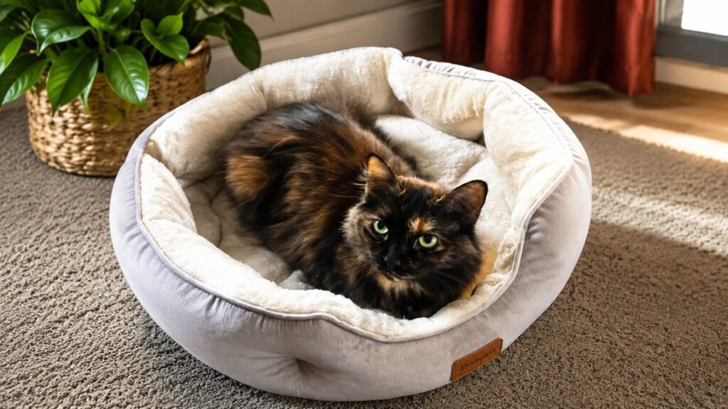 Solid round pet bed with plush sherpa fleece surface and supportive bolsters for dogs and cats
