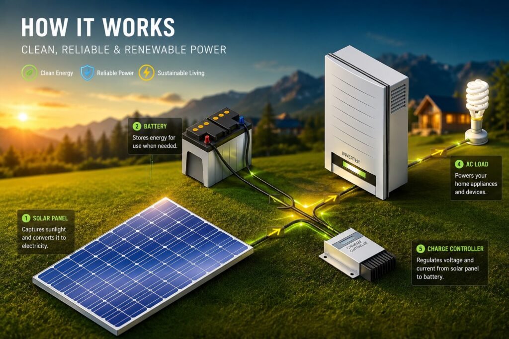 Standard solar generation system architecture showing solar panels connected to charge controller, battery storage, and inverter powering home appliances