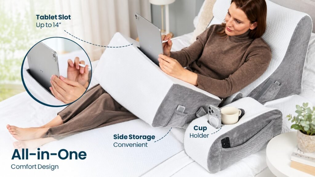 TabCouchCaddy 8-piece orthopedic wedge pillow set with neck support pillow, back support wedge, leg elevation cushions, lumbar cylinder, cup holder, and phone storage for recovery and comfort.