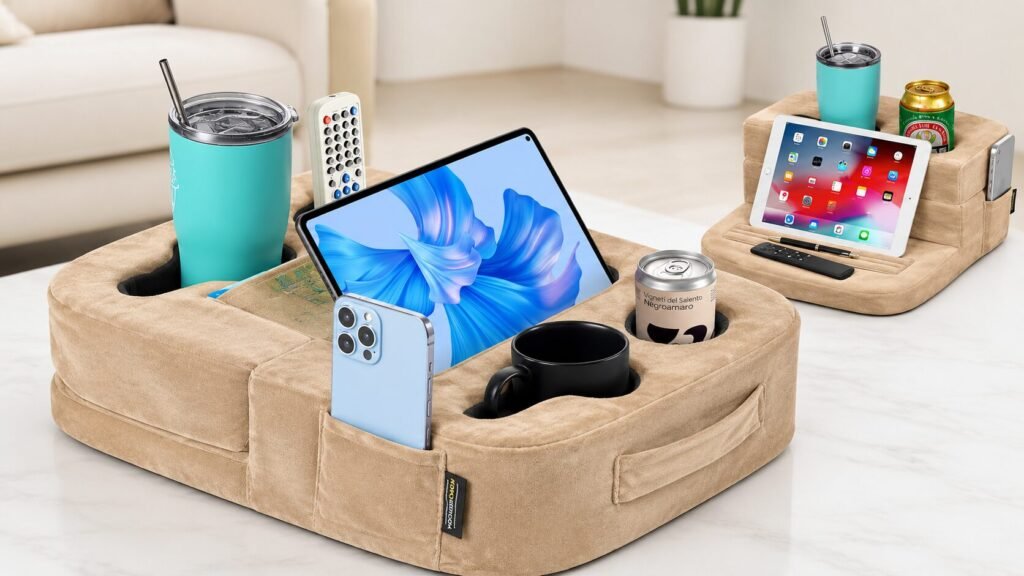 Beige TabCouchCaddy couch organizer with seven cup holders, tablet stand, storage pockets, and memory foam support for convenient lounging.