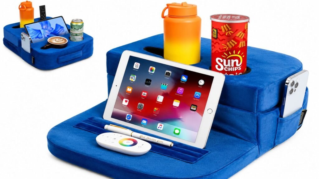 Blue TabCouchCaddy couch cup holder and tablet organizer with cup holders, adjustable tablet stand, storage pockets, and memory foam comfort.