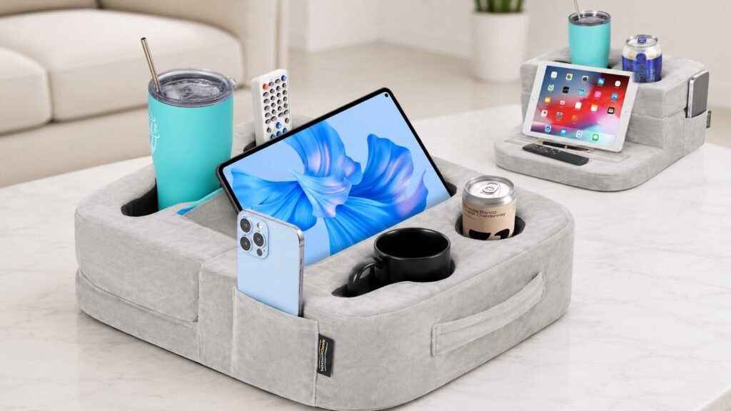 Grey TabCouchCaddy couch organizer featuring seven cup holders, adjustable tablet stand, storage pockets, and memory foam comfort for everyday relaxation.