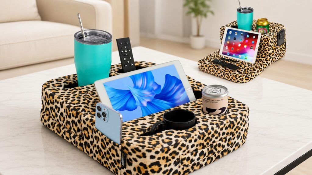 Leopard print TabCouchCaddy couch organizer with cup holders, tablet stand, storage pockets, and memory foam support for comfortable lounging.