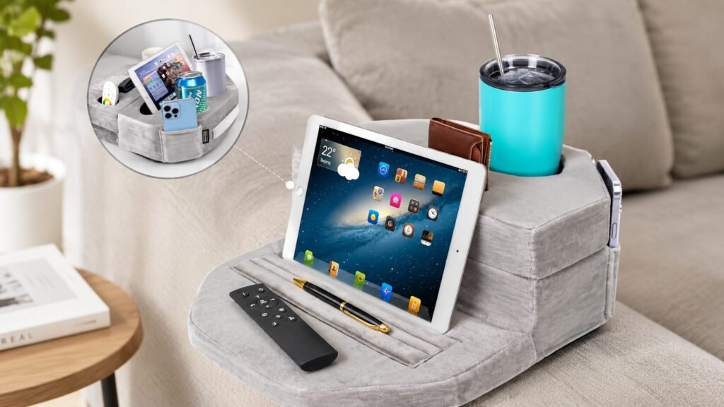 TabCouchCaddy couch cup holder and tablet organizer pillow with multiple cup holders, tablet stand, storage pockets, and memory foam design.