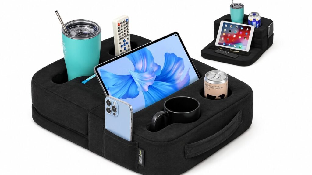 TabCouchCaddy Lap Desk Pillow and Couch Cup Holder Bundle with ergonomic laptop support, storage pockets, cup holders, and device-friendly design.