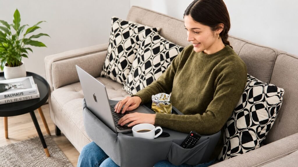 TabCouchCaddy lap desk pillow with cushioned memory foam base, laptop stand, tablet support, cup holders, and storage area for comfortable work and entertainment.