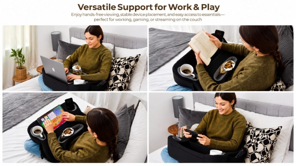 TabCouchCaddy lap desk pillow with cup holders, storage compartment, and ergonomic cushioned support for reading, gaming, working, and travel.