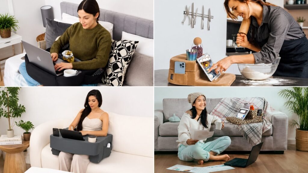 TabCouchCaddy lap desk, reading pillow, and couch organizer designed for comfortable working, gaming, reading, and relaxing at home.