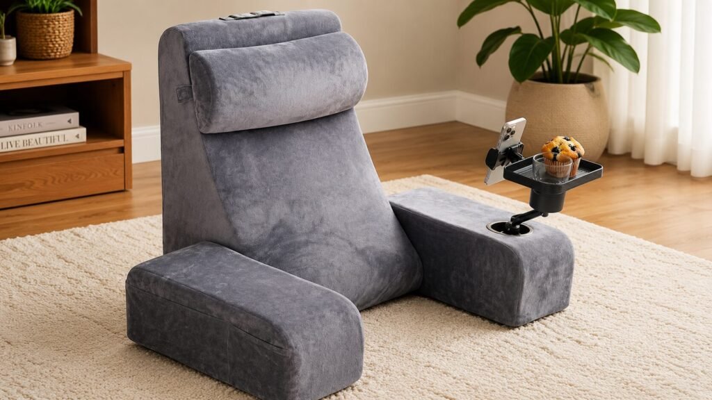 TabCouchCaddy Reading Pillow 2.0 for adults featuring detachable armrests, 360-degree adjustable tray, cup holder, and ergonomic back support for couch and bed comfort.