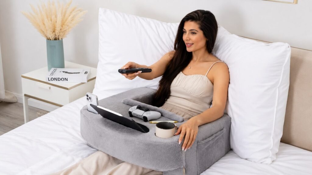 TabCouchCaddy Reading Pillow and Couch Cup Holder Bundle with ergonomic back support, armrests, cup holders, storage pockets, and device stand.