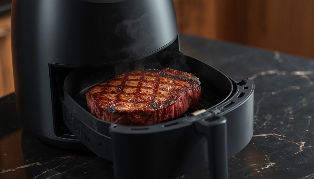 A perfectly seared medium-rare ribeye steak inside a Tastee smart air fryer basket on a cast iron grill pan insert.