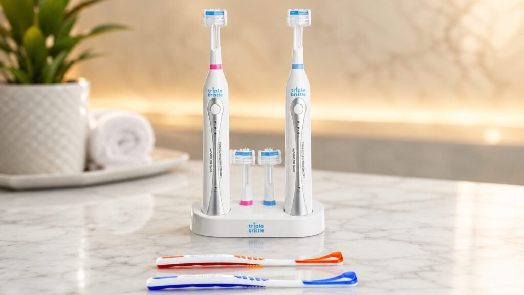 Triple Bristle Duo 3-sided sonic electric toothbrush featuring innovative three-sided brush heads for comprehensive teeth cleaning.