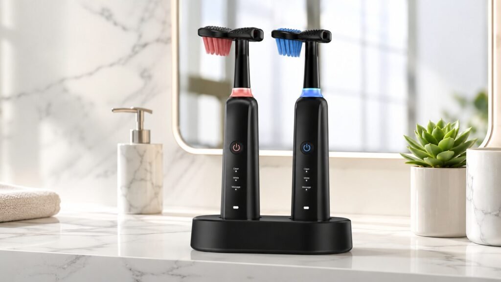 Triple Bristle Duo 3-sided sonic electric toothbrush set with two handles and a dual charging base on a marble bathroom counter.
