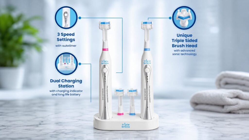 Triple Bristle sonic electric toothbrush demonstrating high-frequency sonic vibrations for effective plaque removal and gum care.