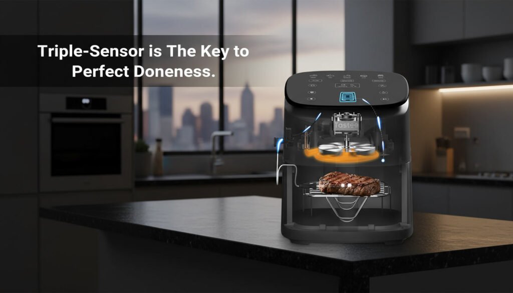 Smart air fryer featuring triple-sensor technology and intelligent cooking algorithms for precise temperature and cooking control.