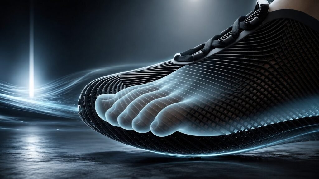 Breathable sneaker featuring 360-degree airflow technology with ventilated upper and open lattice sole design.