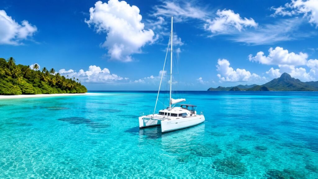 Modern luxury catamaran anchored in a secluded tropical cove with turquoise water and stunning coastal scenery