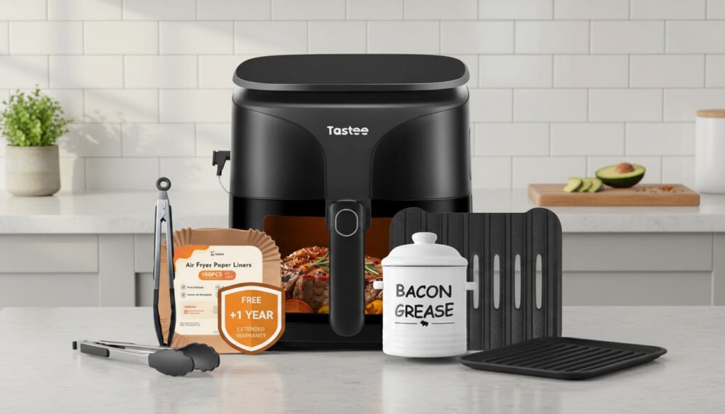 The Ultimate Tastee Bundle featuring a ceramic-coated air fryer, cast iron grill pan, bacon grease container, paper liners, silicone tongs, and bonus gifts.