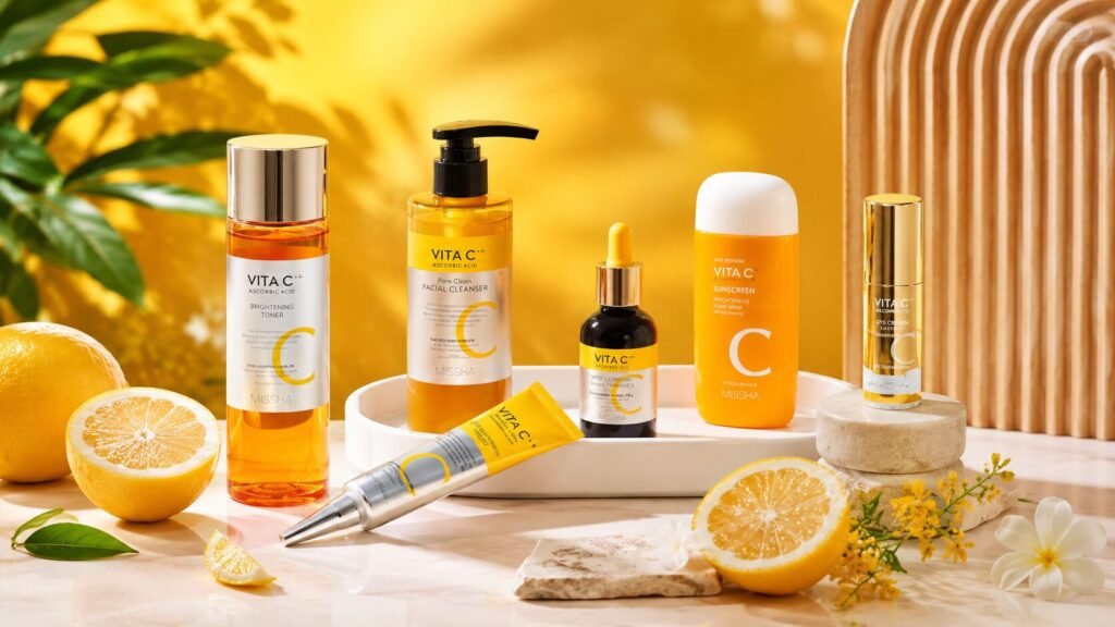 Complete 6-piece Vita C Brightening K-Beauty skincare set featuring cleanser, toner, serum, cream, eye treatment, and facial mask.