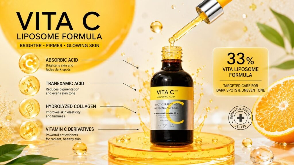 Illustration of liposome-encapsulated vitamin C molecules penetrating skin layers for enhanced absorption and antioxidant benefits.