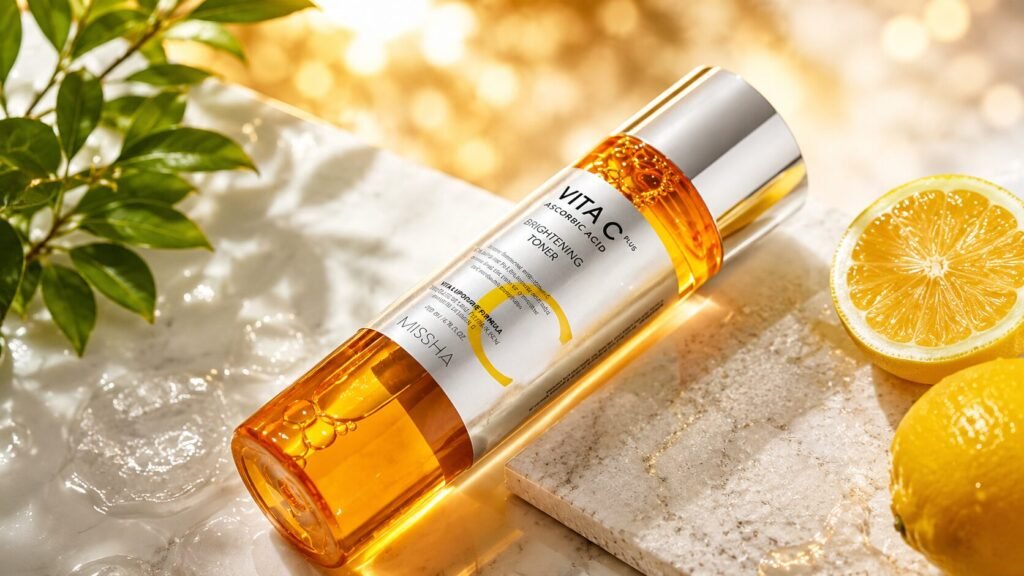 Molecular representation of vitamin C (ascorbic acid) with citrus fruits and skincare ingredients symbolizing antioxidant benefits.