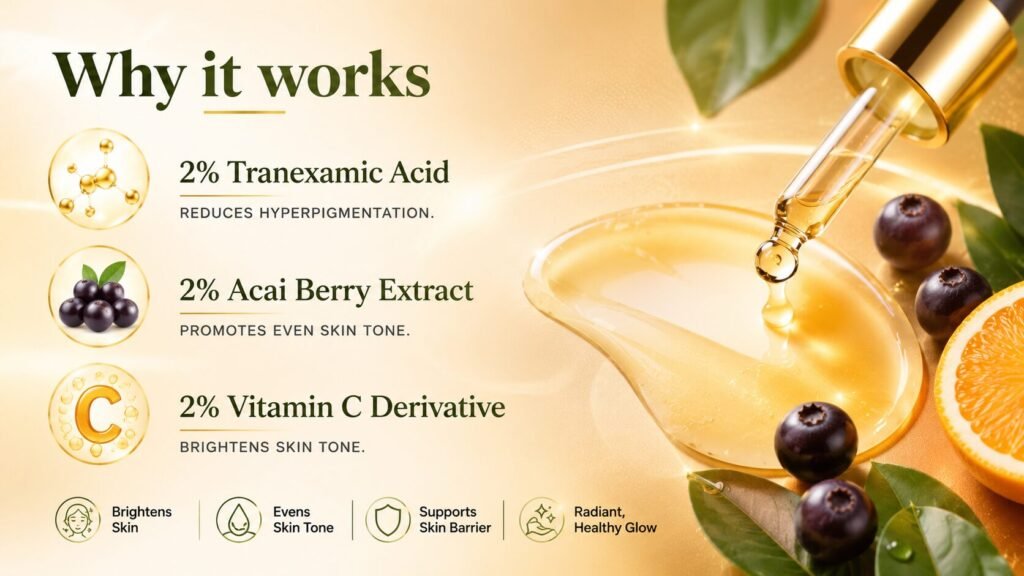 Scientific skincare illustration showing the synergistic relationship between Vitamin C derivatives and Tranexamic Acid for brighter, more even-toned skin.