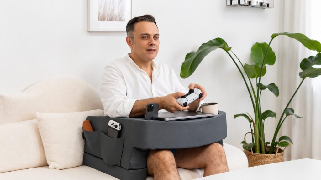 Extra-large gaming lap desk pillow with arm support, controller cushion, cup holder, and storage compartments for comfortable gameplay.