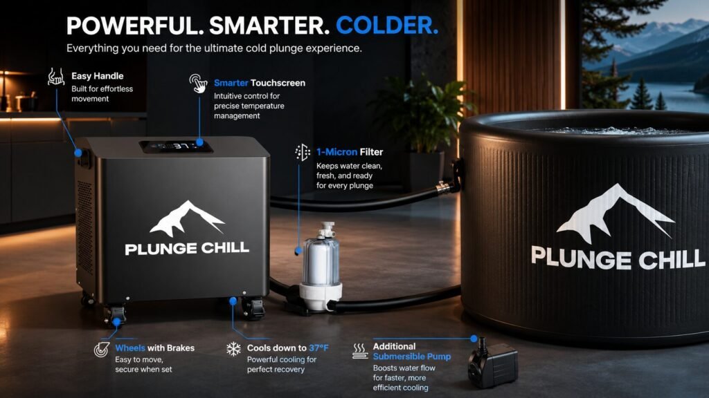 Labeled 1HP cold plunge chiller parts showing compressor, pump, filter, cooling system, and connections