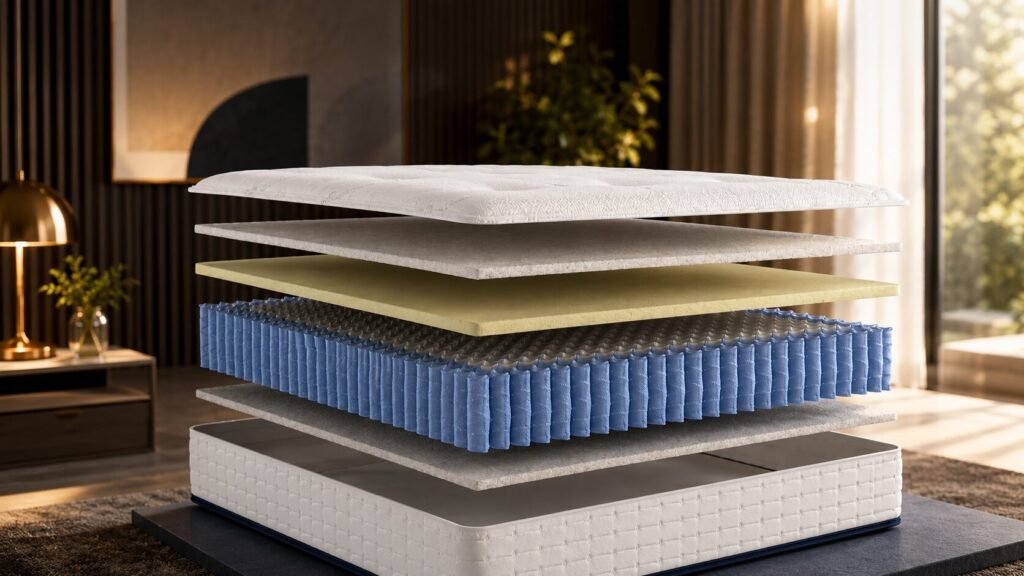 Diagram showing the layered construction of a Pure Organic Sleep System with ORGANIC AIR cotton cover, CLOUDWOOL fire barrier, organic latex core, and SupportWave 5-zone pocket coils.