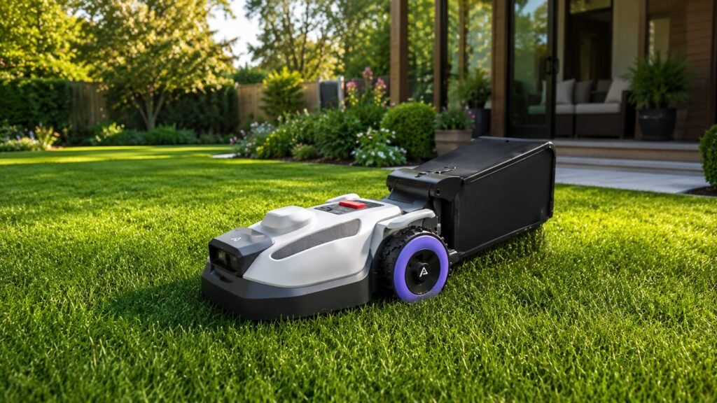 A four-panel graphic showing the ANTHBOT N8 robotic lawn mower executing its four main functions: mowing with a neat finish, mulching grass uniformly, collecting grass clippings, and sweeping fallen leaves.