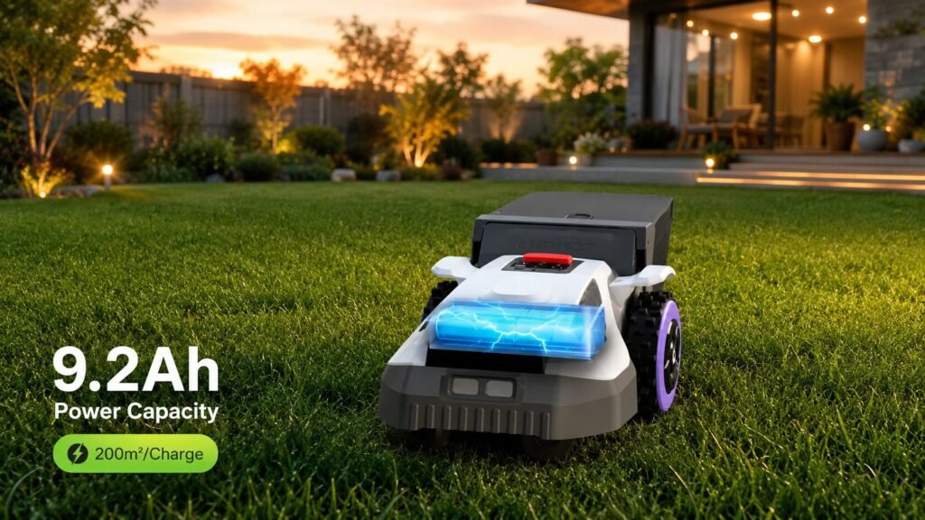 ANTHBOT N8 robotic lawn mower with a high-capacity 9.2Ah battery for extended mowing time