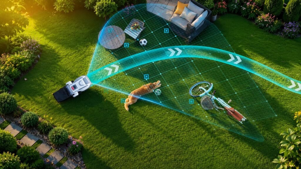 ANTHBOT N8 robotic lawn mower using AI vision cameras to detect and avoid obstacles on the lawn