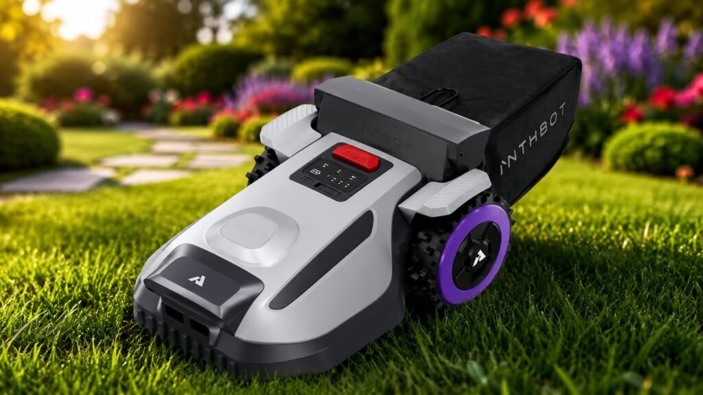 ANTHBOT N8 robotic lawn mower cutting grass automatically in a residential backyard
