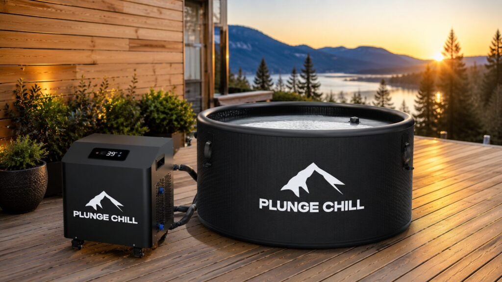 A sleek matte black automated water chiller unit connected to an insulated cold plunge tub on a modern wooden deck at sunrise.