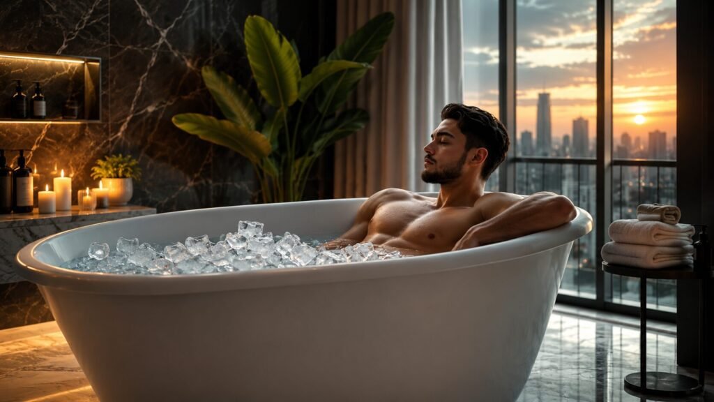 Person using a cold plunge tub as part of a wellness routine for immune support