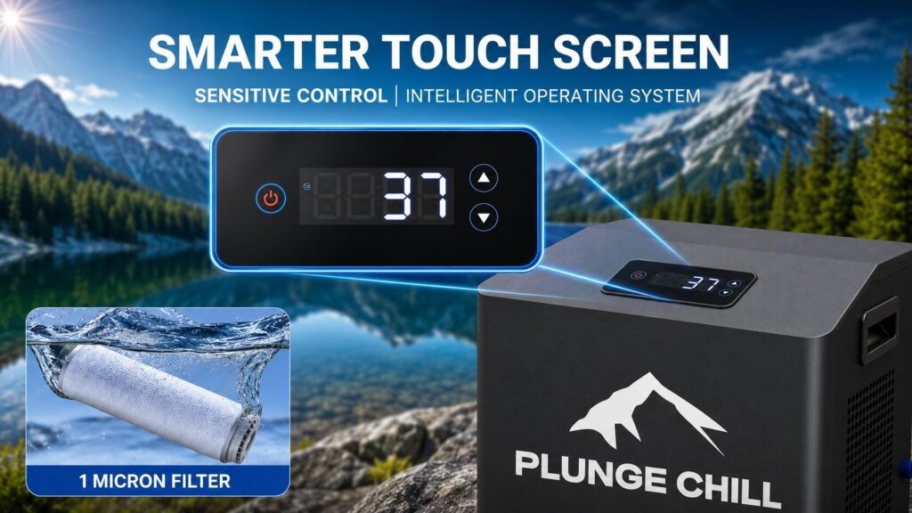 Cold plunge chiller water intake pump with 1-micron inline filtration system removing impurities