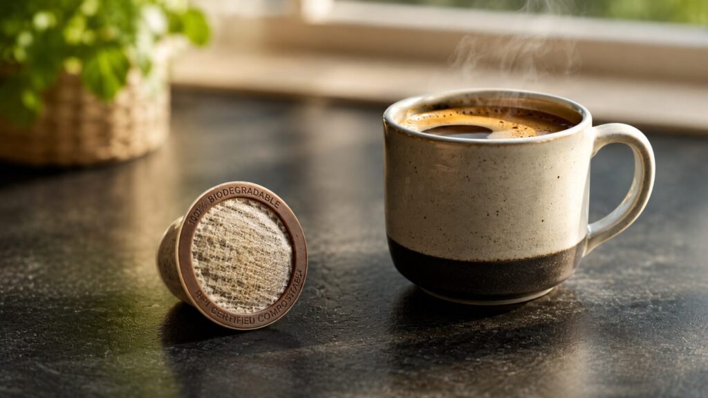 Close up of a sustainable compostable coffee pod with a plant based bio mesh bottom next to a fresh mug of hot coffee.