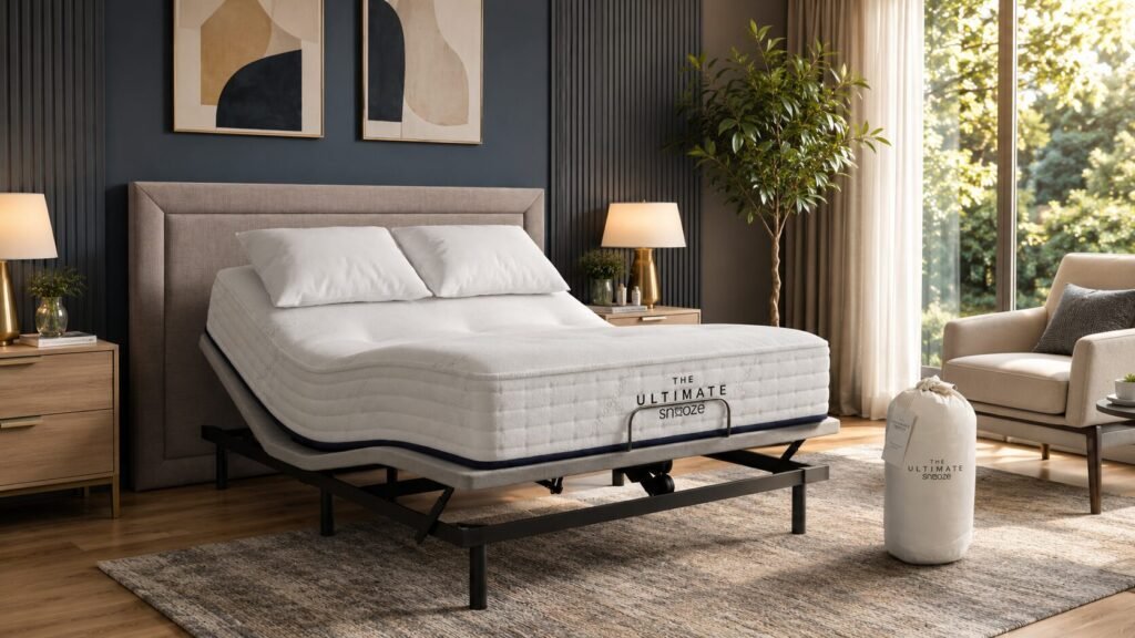 Core Mattress Bundle featuring a Pure Organic Mattress, 1.0 Adjustable Base, premium bedding, Kloud Pillows, and mattress protector.