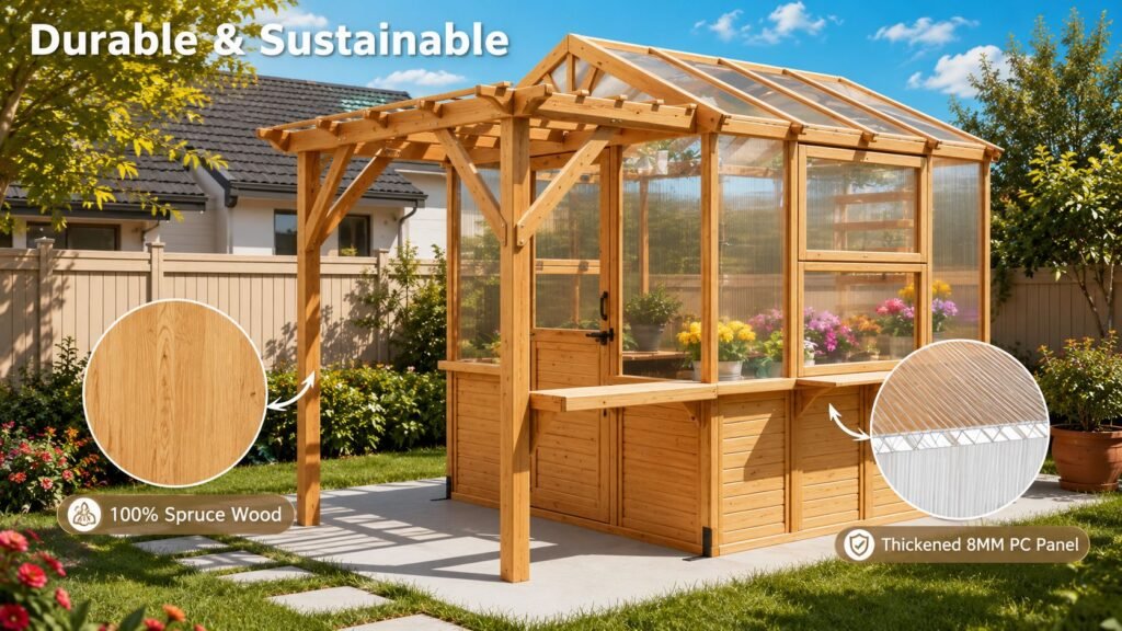 Wooden greenhouse made from 100% spruce wood with thickened 8MM polycarbonate panels, designed for durability, sustainability, and healthy plant growth.