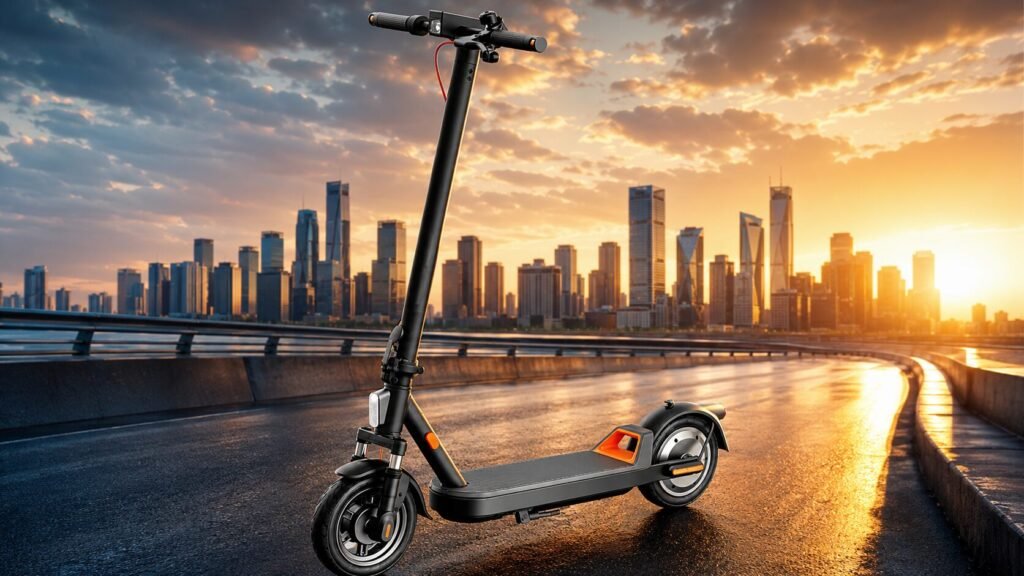E2 electric scooter with 10-inch pneumatic tires, 400W motor, 36V 10.2Ah battery, front twin-tube suspension, and app control for smooth urban commuting.