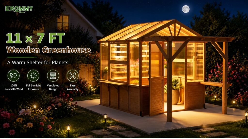 EROMMY 7x11 FT spruce wood walk-in greenhouse with pergola, polycarbonate panels, top-hung windows, built-in workstation and staging shelves for backyard gardening.