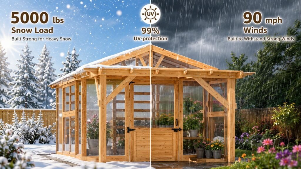 EROMMY wooden greenhouse featuring a 5000 lbs snow load capacity, 90 MPH wind resistance, and 99% UV-protected polycarbonate panels for year-round gardening.