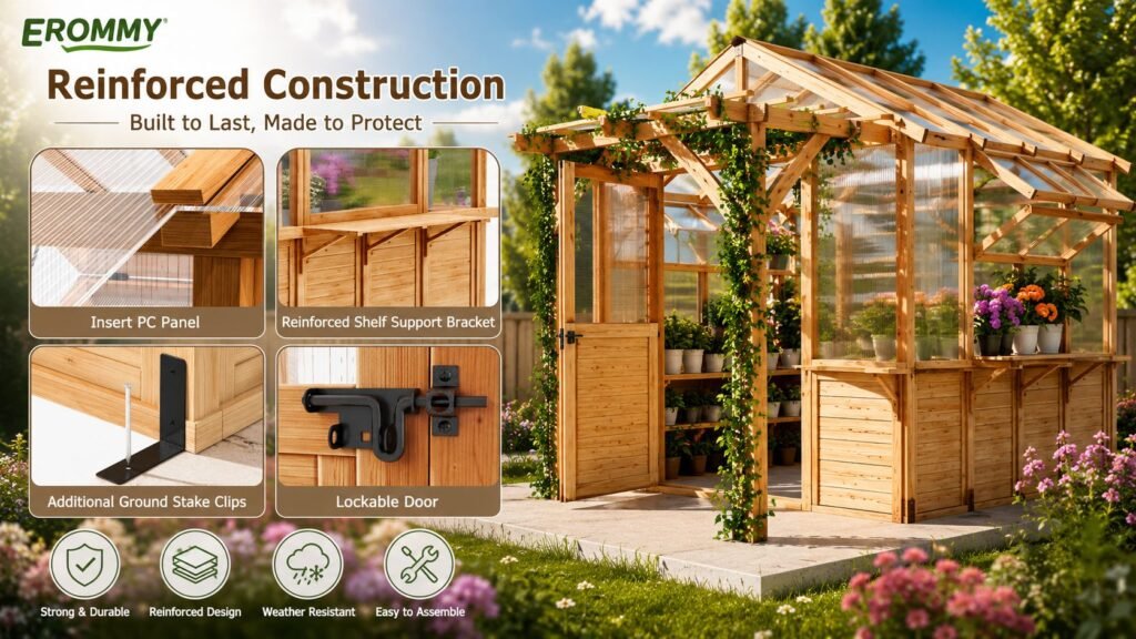 Close-up of the EROMMY spruce wood greenhouse frame showcasing durable timber construction, reinforced joints, and a stable structure for year-round backyard gardening.