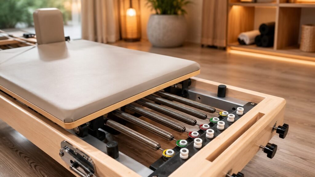Janet Elite 2.0 Pilates reformer with 6 stainless steel spring resistance system for adjustable full-body Pilates workouts