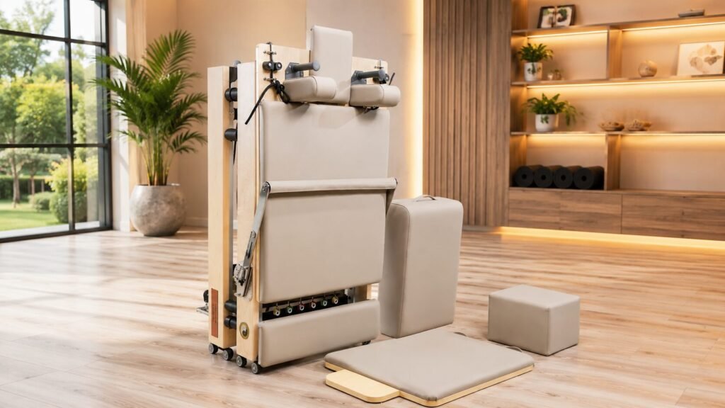 Janet Elite 2.0 foldable Pilates reformer with 8-wheel transport casters and hydraulic strut assist for easy mobility and storage