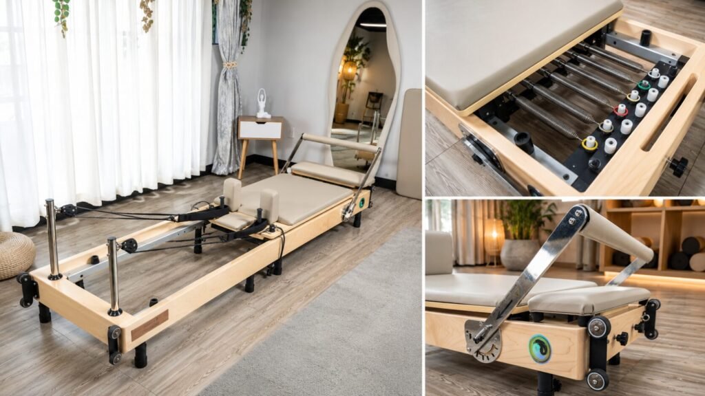 Janet Elite 2.0 foldable Pilates reformer showing frame dimensions with 90-inch length and 23.6-inch width